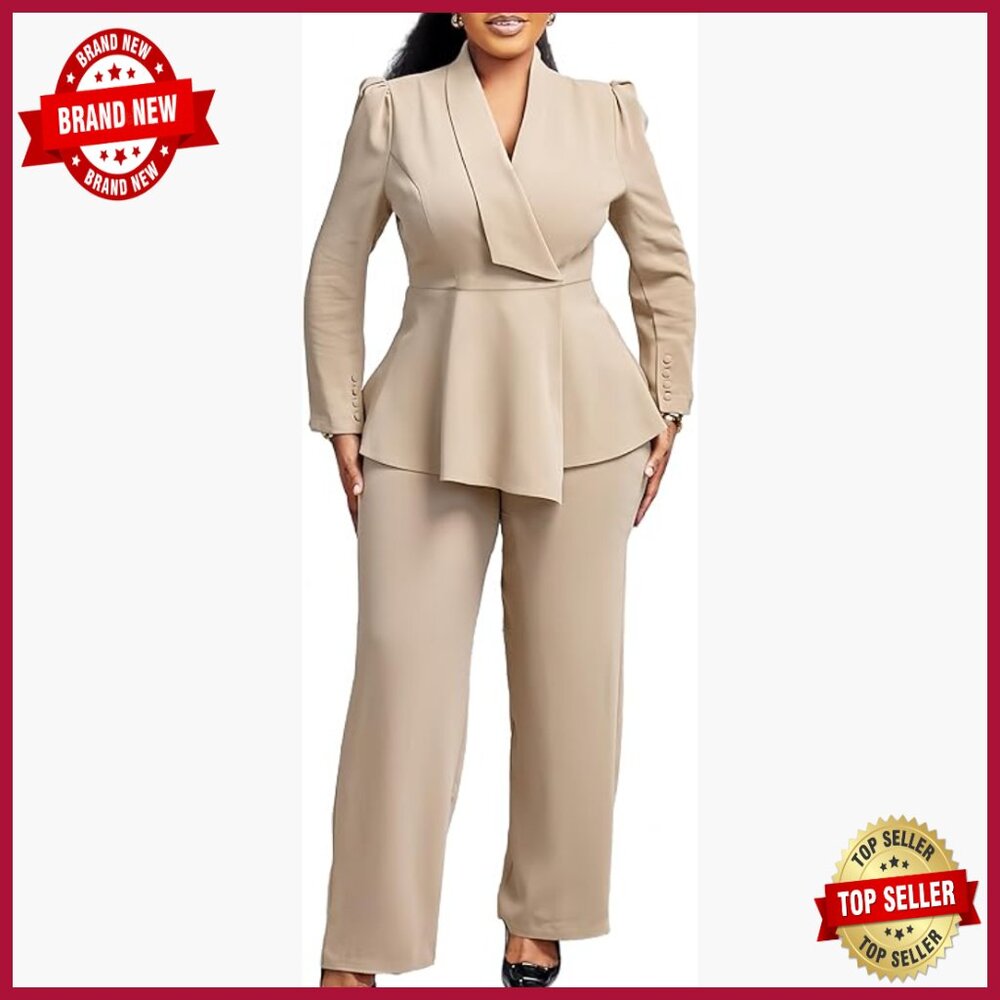 2-Piece Ruffle Blazer Suit Set With Wide Leg Pants, Business Casual Outfit